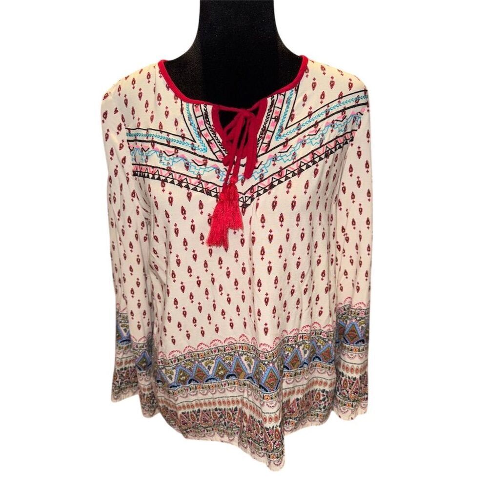 Flying Tomato Cream Boho Tie-Neck Tunic with Red Accents